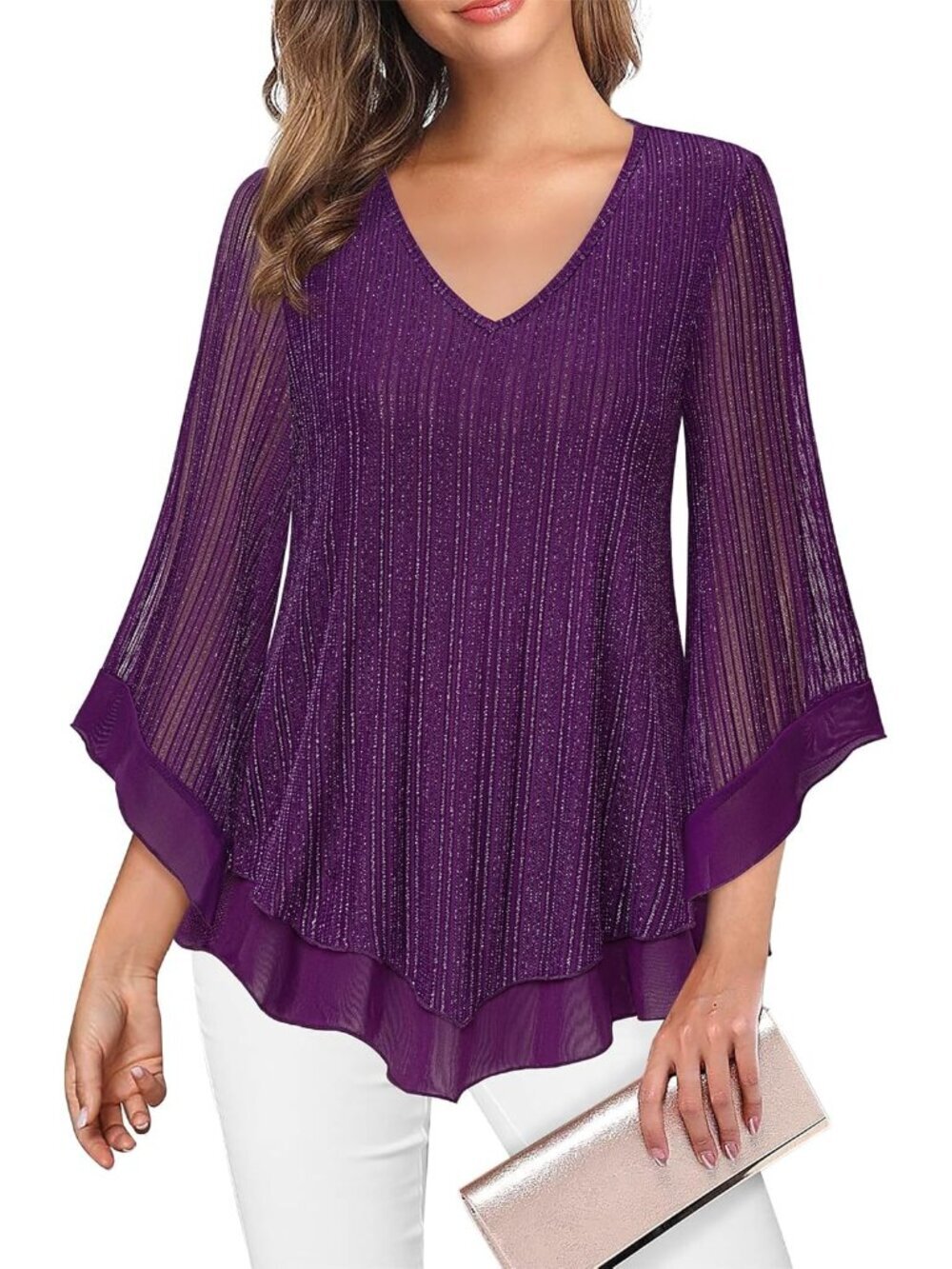 Women's Mesh Shirt Purple Double Layer Ruffle 3/4 Flared Sleeve Blouse Tunic Top